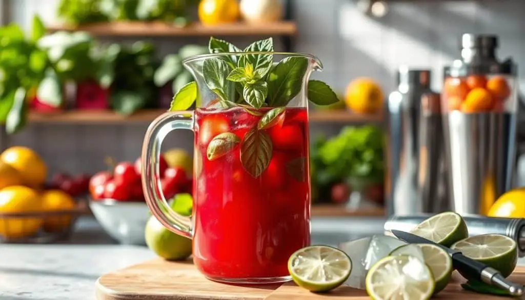 mocktail mixing preparation with basil and cranberry