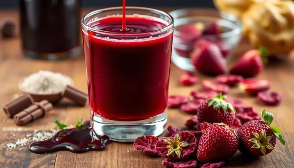 Key ingredients for Red Velvet Mocktail including chocolate syrup and freeze-dried strawberries