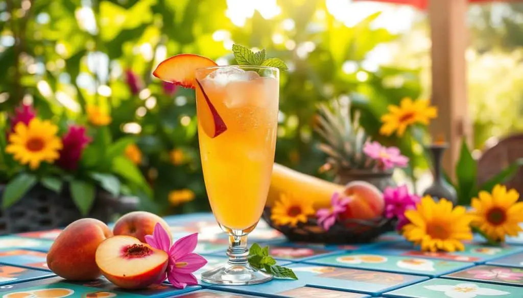 Serving suggestions for summer refreshments featuring Sparkling Peach Mocktail