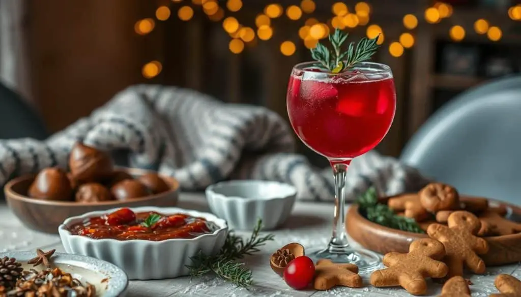 Spiced Plum Mocktail paired with holiday foods and winter warmers