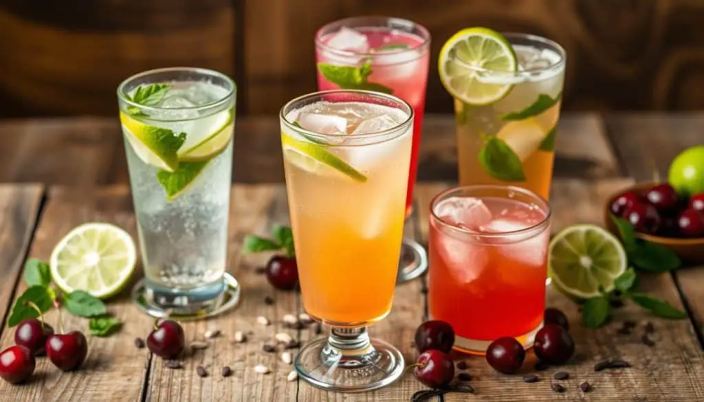 Variations of Cherry Vanilla Fizz Mocktail with herbs and lime