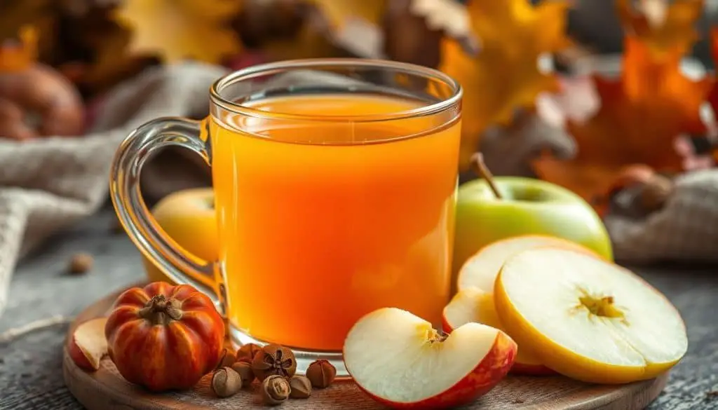 apple cider with cardamom pods and apple slices