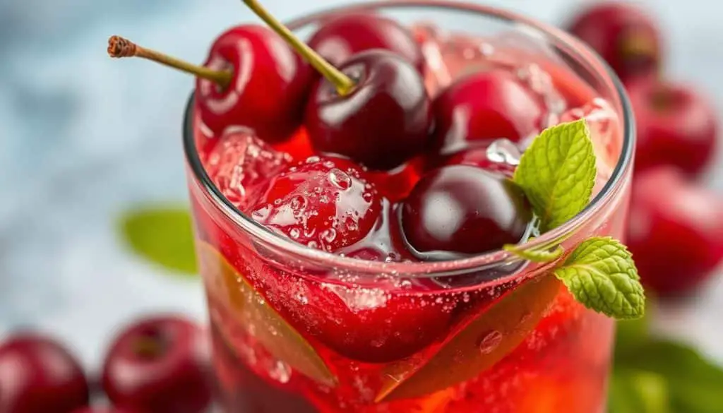 muddling cherries in cherry soda mocktail