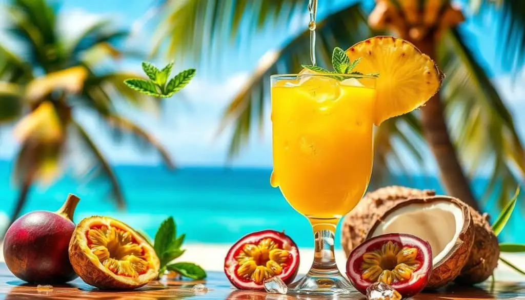tropical drink with pineapple juice and passion fruit syrup
