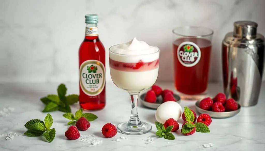 Clover Club mocktail ingredients showcasing raspberry syrup and egg white foam