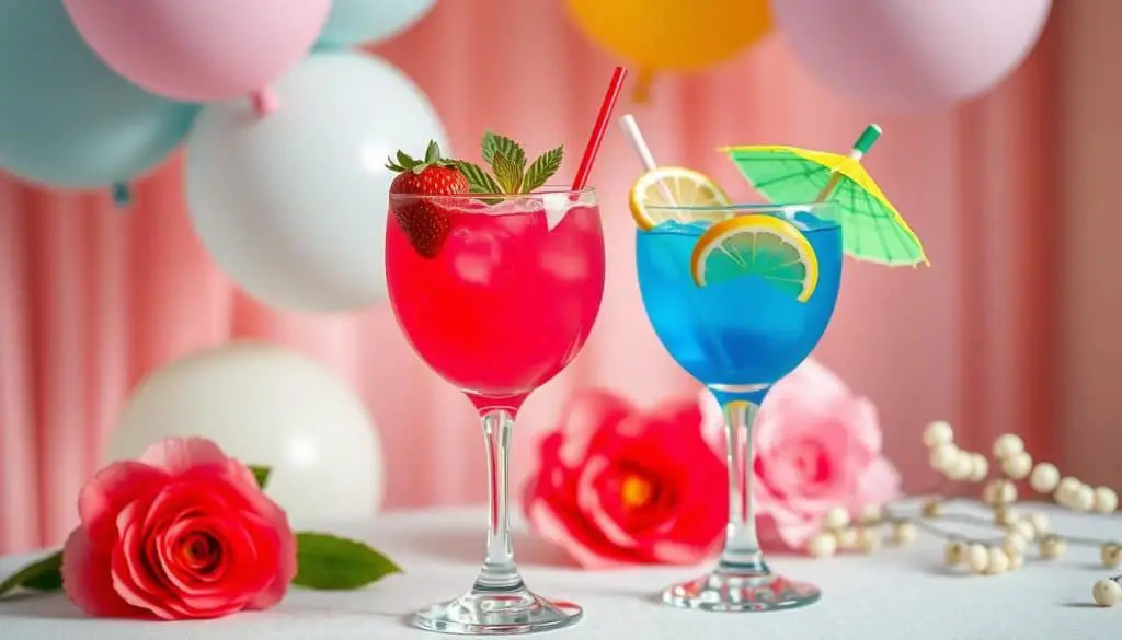 Creative gender reveal drinks using pink and blue mocktails