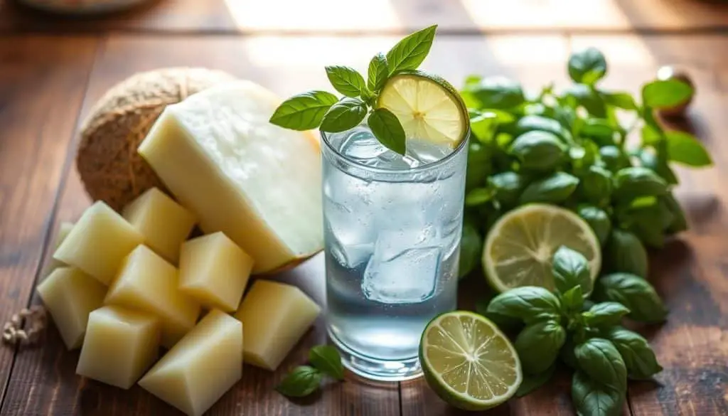 Fresh Ingredients for Honeydew Basil Fizz Mocktail