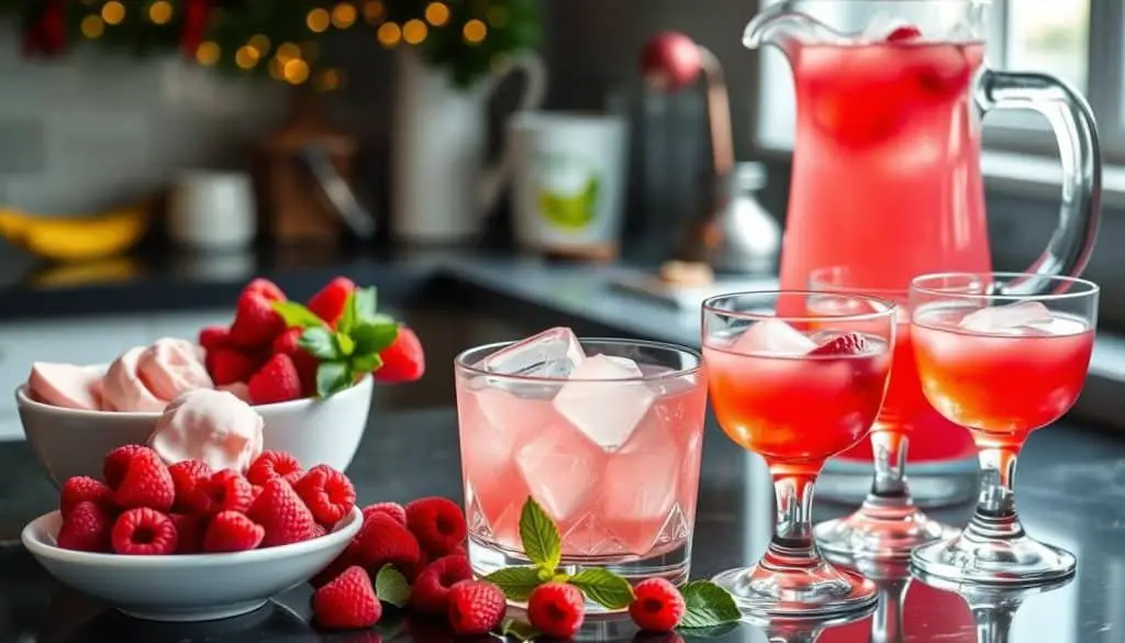 Preparing raspberry sherbet punch mocktail