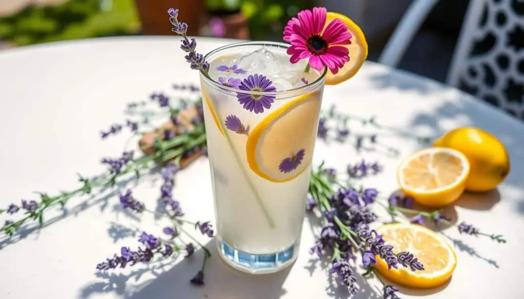 edible flowers in lavender lemonade