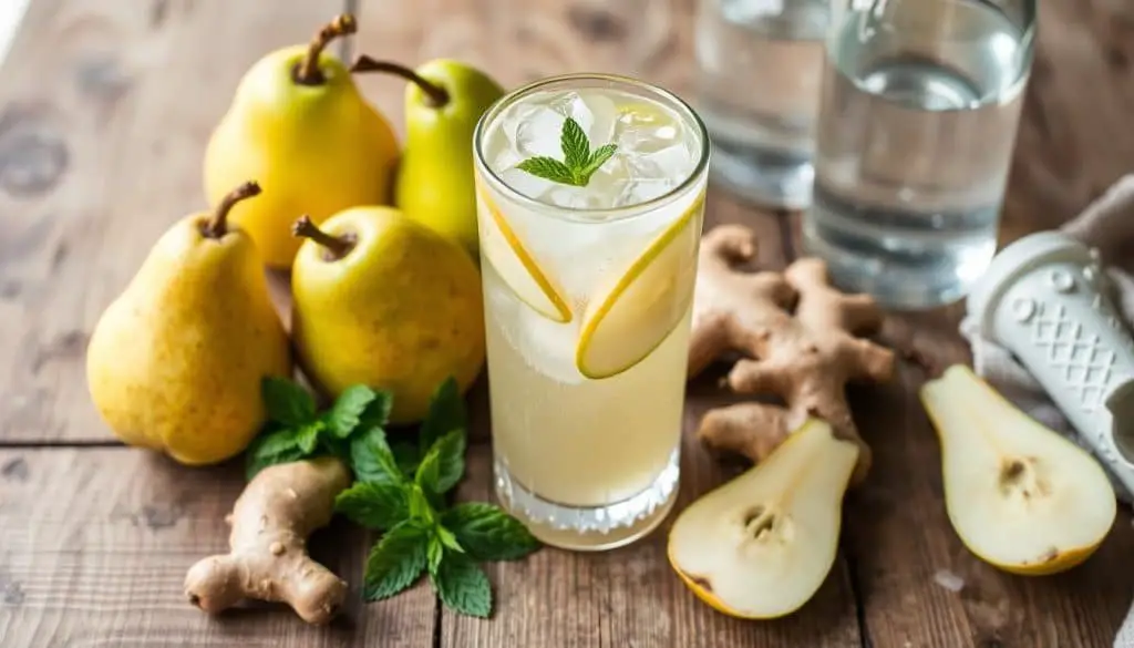 fresh ginger and pear juice mocktail ingredients