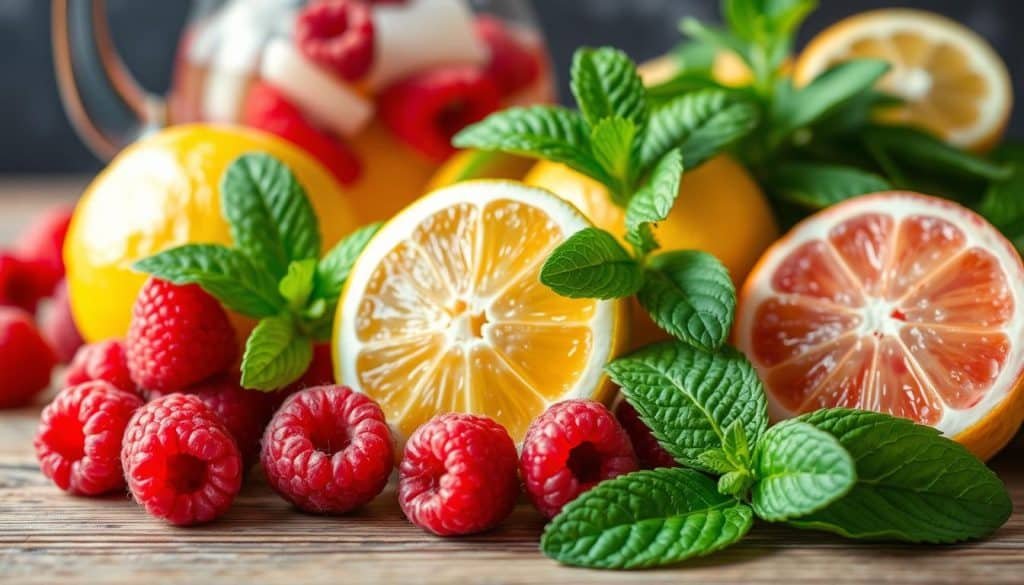 fresh ingredients for raspberry lemonade mocktail