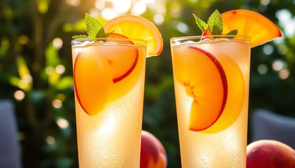 refreshing cocktails topped with fruit garnishes