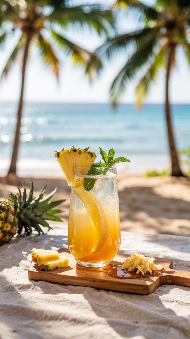 Refreshing Hawaiian Vibes
Transport yourself to a tropical paradise with this vibrant mocktail that captures the essence of Hawaii.

The combination of golden pineapple juice and sparkling bubbles creates a visually stunning drink that is as delightful to look at as it is to sip.

Perfect for gatherings or a relaxing afternoon, this mocktail brings a taste of the islands right to your home.

Its sunny hue and uplifting aroma offer a mini vacation in a glass, making it a favorite for anyone looking to brighten their day with a non-alcoholic tropical treat.

Whether served poolside or at a festive luau, it delivers pure Hawaiian bliss.

Ingredients That Shine
This mocktail features a harmonious blend of fresh ingredients that truly shine.

Fresh pineapple juice serves as the base, bringing a natural sweetness and tropical flavor.

Grated ginger adds a subtle warmth, while honey provides just the right amount of sweetness to balance the flavors.

Finally, a splash of sparkling water gives it that refreshing fizz, making each sip a bubbly delight.

For extra depth, consider using raw honey and freshly grated ginger for a more pronounced and authentic flavor experience.

A few pineapple chunks blended into the mix can also add texture and boost the fruitiness.

Preparation Made Simple
Creating this Hawaiian-inspired mocktail is a breeze, taking only about 10 minutes from start to finish.

Begin by mixing the fresh pineapple juice, grated ginger, and honey in a bowl until the honey dissolves completely.

This step ensures that the flavors meld beautifully before serving.

You can chill the mixture for a few minutes to intensify the cooling effect.

If preparing for a crowd, multiply the recipe and store the base mixture in the refrigerator until ready to serve.

This makes it easy to whip up batches without losing any freshness or sparkle.

Serving Suggestions
When it comes to serving, presentation is key.

Fill tall glasses with ice cubes, then pour the pineapple-ginger mixture over the ice, filling each glass about two-thirds full.

Top it off with sparkling water, gently stirring to combine the layers for a stunning effect.

Clear or patterned glassware helps show off the mocktail’s brilliant golden color.

Try pairing it with tropical-themed coasters or mini drink umbrellas to enhance the island atmosphere at your table or outdoor setting.

Garnishing for a Tropical Touch
A garnish can elevate any drink, and this mocktail is no exception.

Add a slice of fresh pineapple and a sprig of mint to each glass for a refreshing touch that enhances the tropical vibe.

Not only do these garnishes look beautiful, but they also add an extra layer of flavor.

For special occasions, you could also rim the glass with coconut flakes or crushed dried pineapple for added flair.

Even a twist of lime peel can add brightness to both the flavor and appearance.

Enjoying Your Mocktail
Once your Hawaiian Honey Pineapple Ginger Sparkle Mocktail is ready, it's time to enjoy!

Serve immediately to savor the freshness and effervescence of the drink.

This mocktail is perfect for any occasion, whether you're hosting a summer party or simply unwinding at home.

It’s also a great way to impress guests with a unique, alcohol-free beverage that delivers both flavor and presentation.

With every sip, you’ll feel just a little closer to the calming breeze and sunshine of the islands.