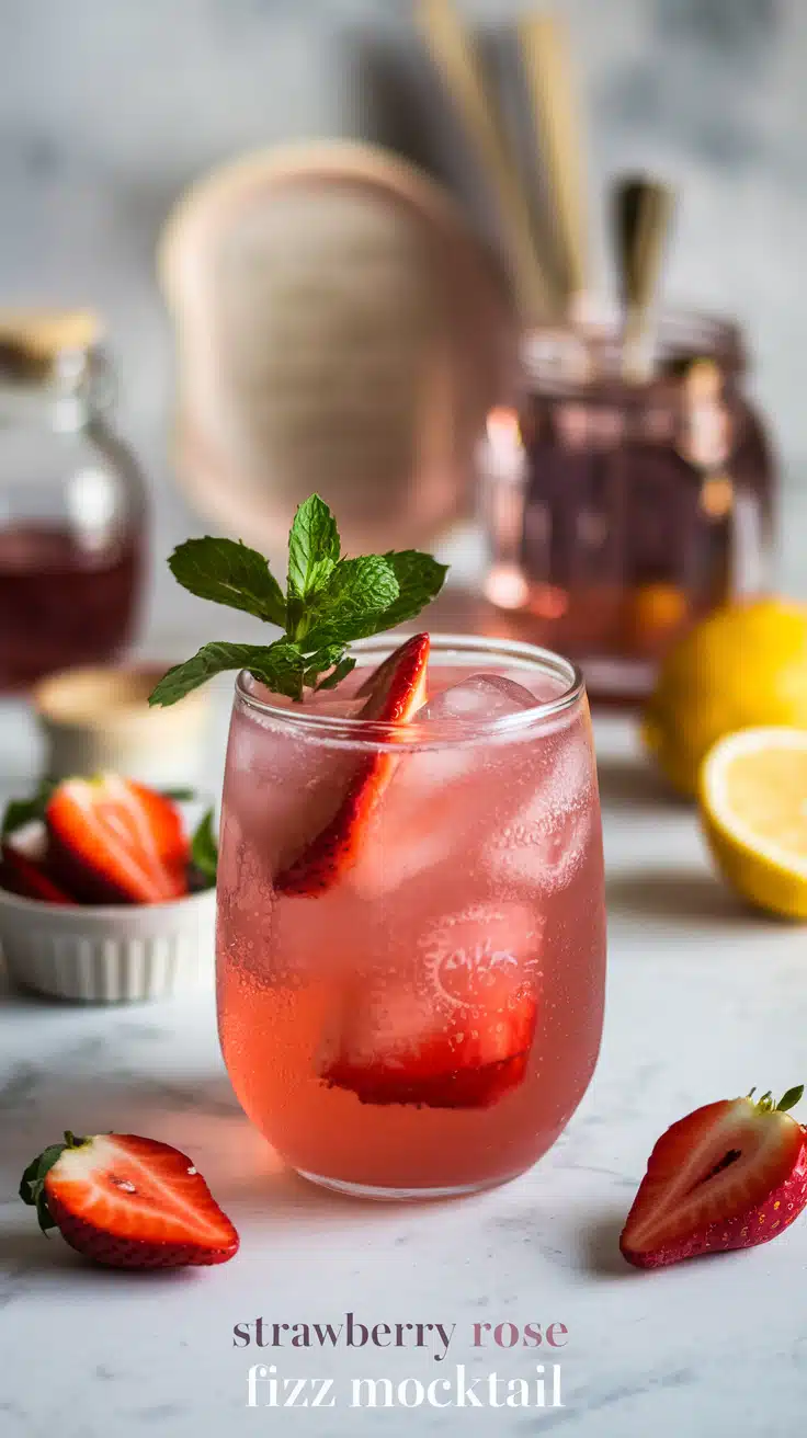 Strawberry Rose Fizz Mocktail